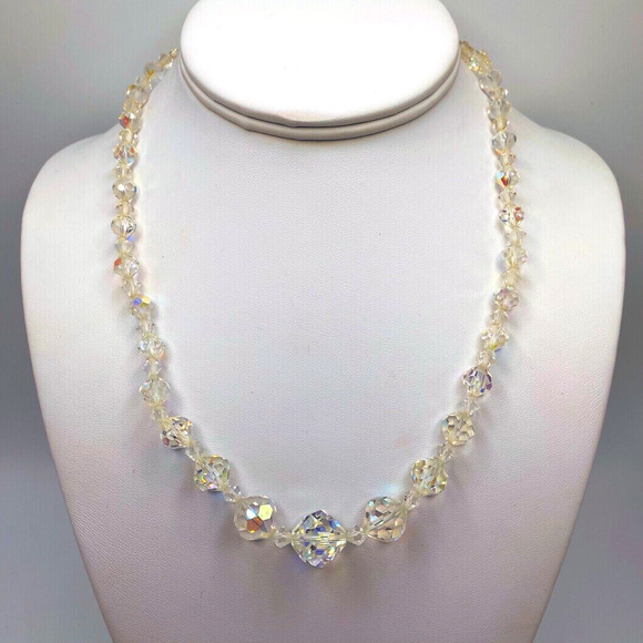 Vintage Aurora Borealis Glass Crystal Beaded Necklace Faceted Graduated AB 18" - Picture 2 of 8